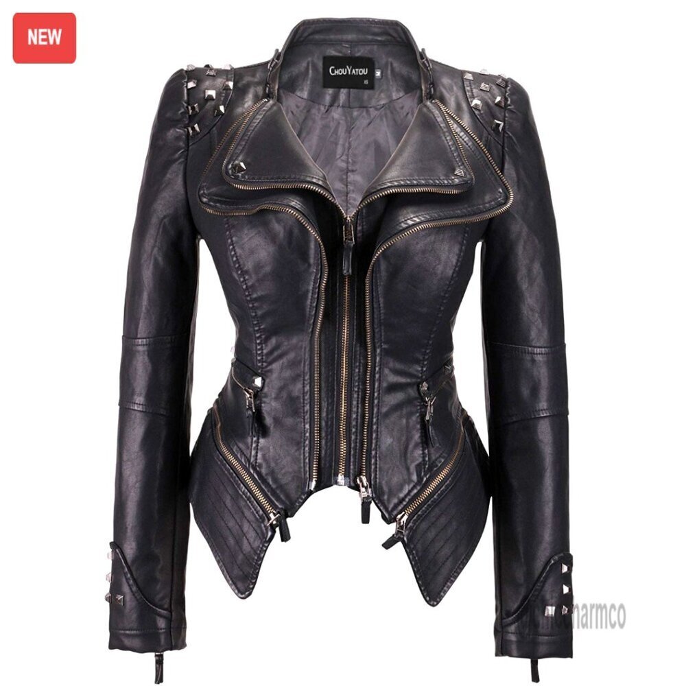 Faux Leather Moto Jacket with Studded Details, Adjustable Hem, Perfect Fit